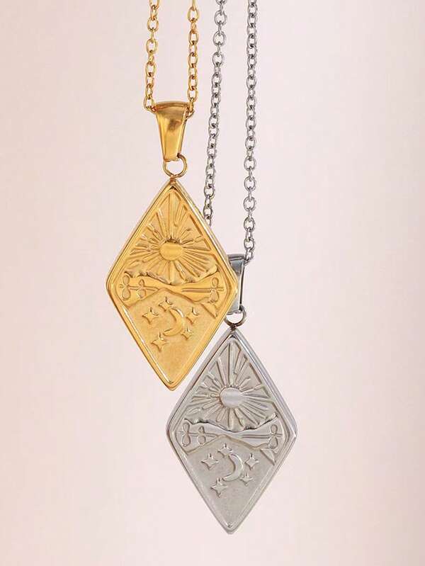 1 colar minimalista banhado a ouro 18K com pingente geométrico de diamante, sol, lua e estrela, adequado para mulheres como presente de Dia dos Namorados, aniversário, aniversário