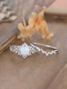 1/2 pezzi Anello in opale naturale, anello di coppia di design raffinato e alla moda, anello da donna a forma di fiore in argento, gioielleria di moda Torina per signore, anello elegante di moda con zirconi bicolore stile europeo e americano, anello terapeutico ai cristalli di quarzo per drenaggio linfatico magnetico