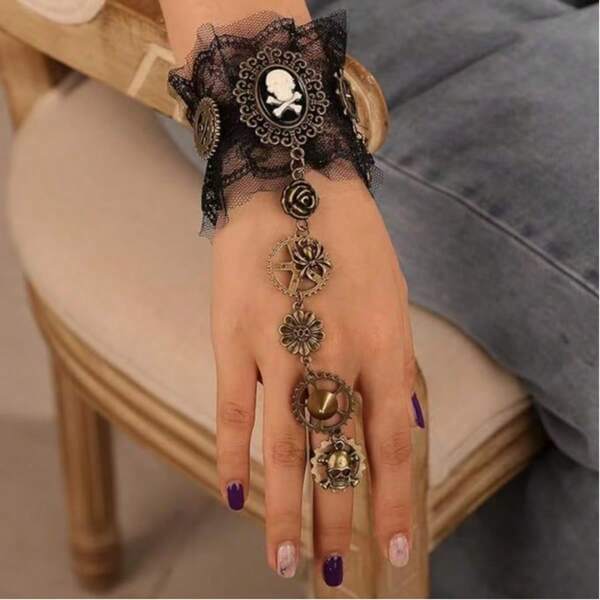 1pc Vintage Pirate Steampunk Gear Lace Skull Mechanical Finger Ring & Bracelet Set For Women