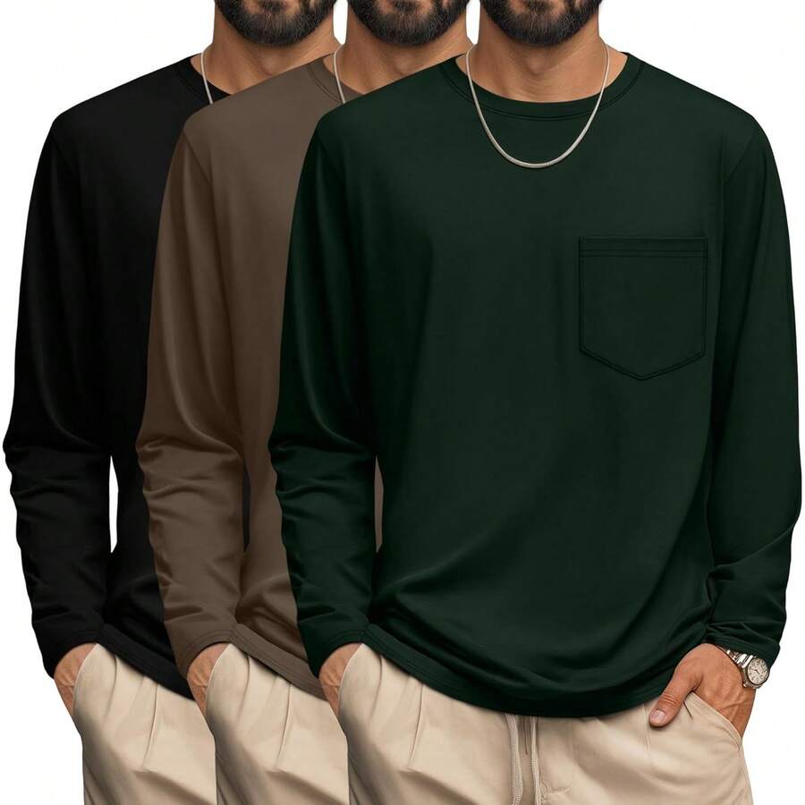 3 Pack Men's Big And Tall Long Sleeve Cotton Pocket Crew Neck Casual Lightweight Basic T-Shirts,  Tops For 2025 - Đen, Cà phê, Xanh đậm - Xem 1