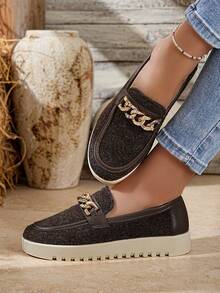 Women's Soft Sole Comfortable Chain Decor Casual Sneakers, Fashion Slip-On Loafers For Autumn