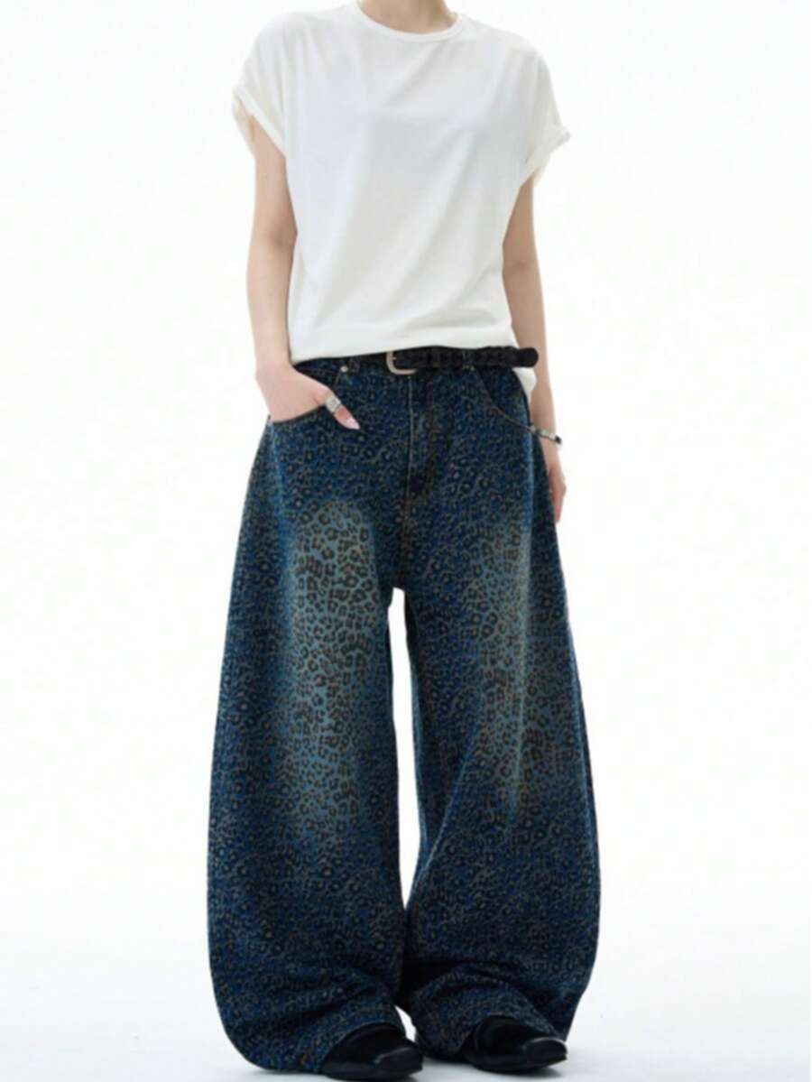 American Gradient Leopard Print Loose Straight Leg Pants For Boys, Niche Hip-Hop Retro Wide Leg Color Blocked Jeans