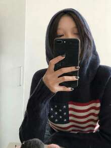 复古美国国旗图案宽松圆领套头针织毛衣 - 藏藍 - 查看 9