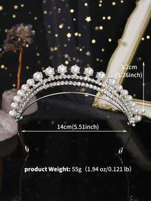 1件银色珍珠水钻双层皇冠，经典新娘婚礼头饰，正式场合皇冠 - 銀色 - 查看 3