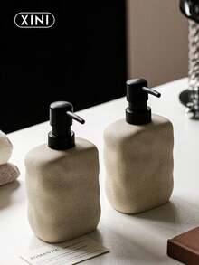 1pc Rustic Ceramic Lotion Dispenser Bottle, Simple Design Refillable Bottle For Bathroom, Kitchen, Vanity, Entryway Soap Dispenser, Suitable For Newlyweds Home Decor, Sweet Gift For Mothers And Girls - Beige - View 4