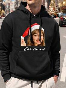 Customized Photo & Text Men's Hoodie Sweatshirt, Personalize With Your Own Photo, Pet/Landscape/Anime/Lover/Family, Customize Text/Name/Blessing/Holiday/Anniversary, Birthday/Valentine's Day/Father's Day/Party/Birthday Gift, Halloween/Back To School/Christmas Holiday, Long Sleeve Top - Black - View 2