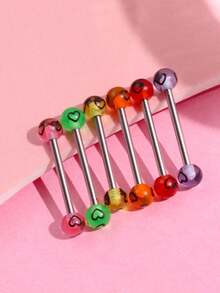 6pcs/Set Fashionable Unique Y2K Cute Colorful Candy Color Heart Stainless Steel Tongue Piercing Jewelry For Women