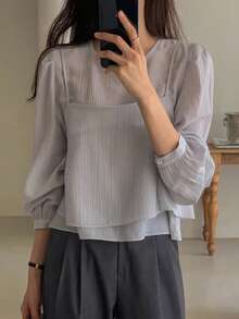 女士时尚长袖衬衫上衣+吊带背心叠穿套装，纯色优雅，适合办公室和休闲场合，春秋季 - 灰色 - 查看 5