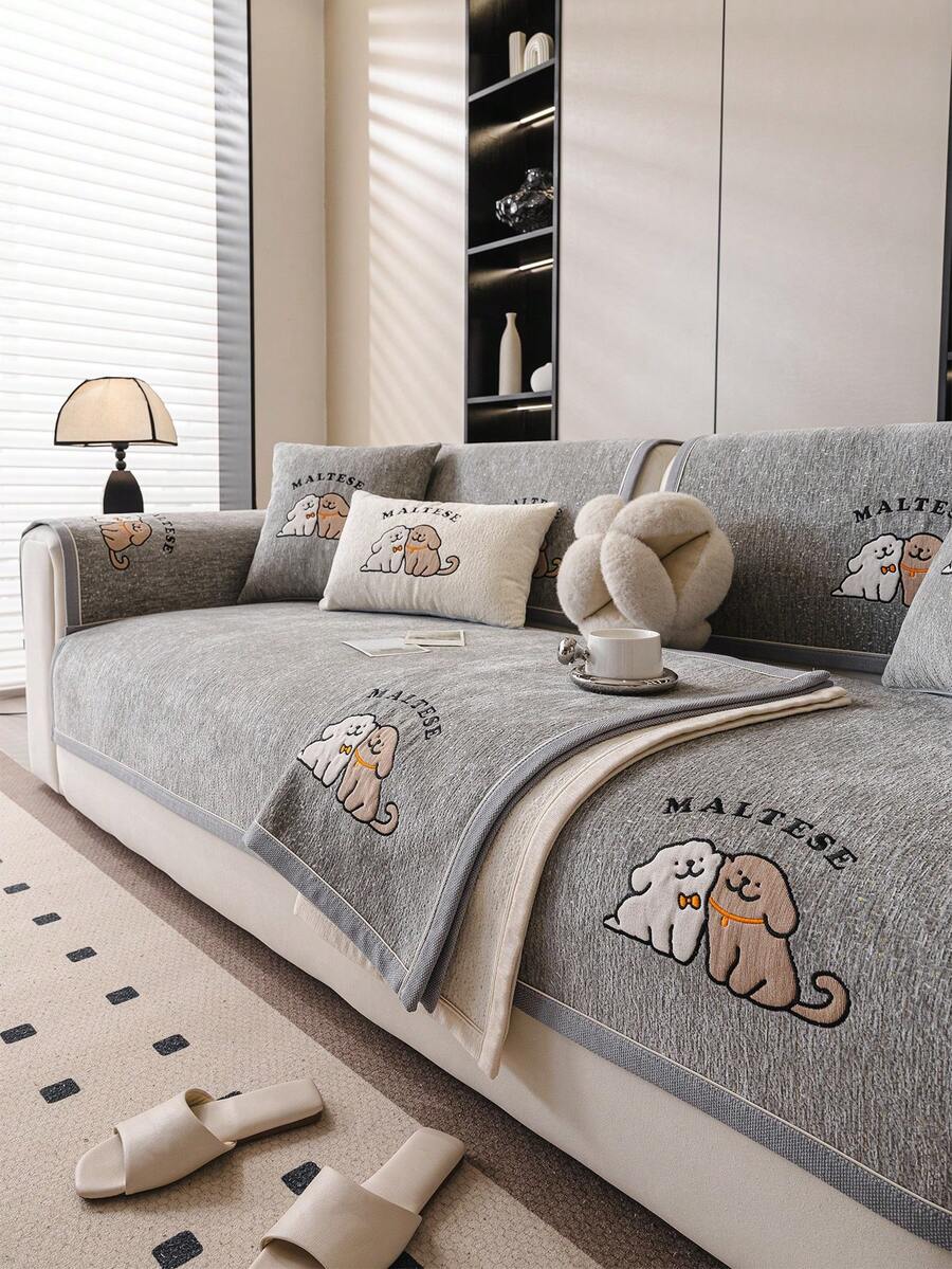 1 pieza Cojín de sofá de chenilla con estampado de dibujos animados, funda de sofá minimalista y moderna, resistente a la suciedad y antideslizante, protector de sofá resistente a los arañazos adecuado para sofás en forma de L y de 1/2/3/4 plazas (se vende individualmente)