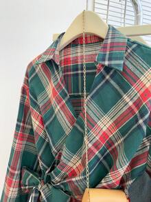 春夏绿色格子长袖束腰蝴蝶结优雅修身女式衬衫，适合通勤穿着 - 彩色 - 查看 6