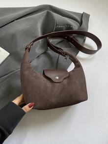 1 pezzo Borsa a spalla  marrone tinta unita con tracolla rimovibile, chiusura con cerniera, borsa da donna alla moda per uso quotidiano, shopping, appuntamenti