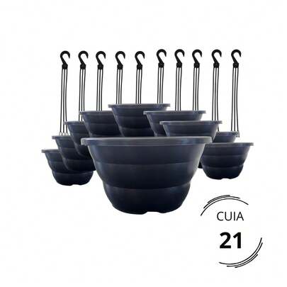 Kit com 10 Vaso Cuia 21 Preto Com 10 Haste Alça Preta para Plantas Samambaia