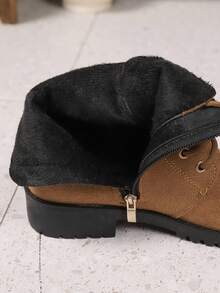 Lace-Up Side Zipper Casual Decorative Button Design Versatile Ankle Boots