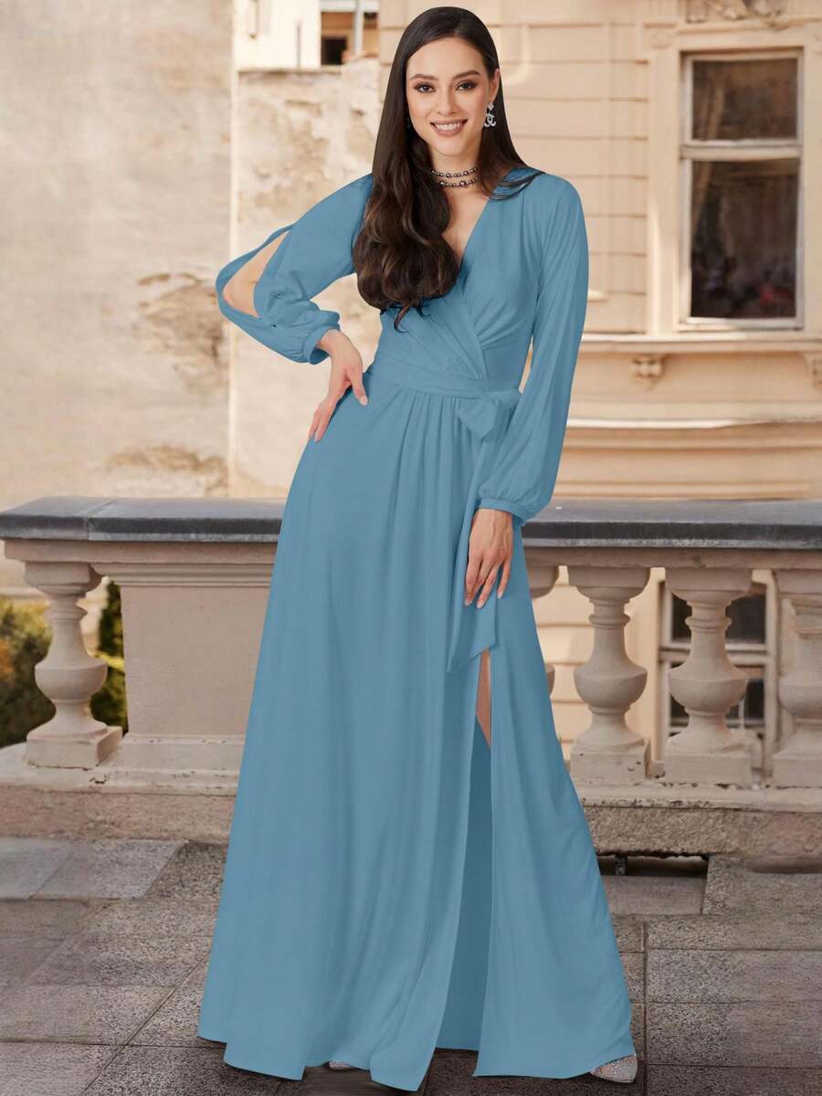 KOH KOH Women's V Neck Wrap Maxi Dress Gown With Long Split Bishop Slit Cutout Sleeve Tie Waist Sash Belt Pull On Soft Stretch Stretchy Jersey Knit Comfortable Comfy Flowing A Line Floor Full Length High Slit Side Slit Modest Elegant Simple Solid Classy Slimming Flattering Draped Faux Wrap Ruched Waist Bishop Sleeve Balloon Sleeve Cuffed Bridesmaid Wedding Guest Mother Of The Bride Or Groom Prom Evening Cocktail Party Semi Formal Or Formal Black Tie Gala Engagement Anniversary Graduation Homecoming Spring Summer Fall Autumn Church Choir Sunday Baptism Funeral Baby Shower Bridal Shower Maternity Friendly Pregnancy And Nursing Friendly Vacation Holiday Travel Cruise Garden Party Beach Wedding Islamic Abaya Muslim Moroccan Petite And Plus Size Tall Curve Curvy Photoshoot Outfit For Tall Girls And Women - 淡藍色 - 查看 1