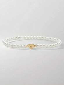 1pc Elastic Faux Pearl Letter A M Elegant Bracelet For Women (Handmade Beaded, Bead Quantity May Vary Slightly)