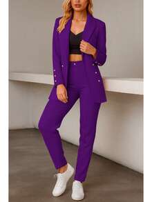 Elegante conjunto de traje liso de manga larga con cuello chal y doble botón para mujer, con bolsillos, para oficina y trabajo. - Morado - Ver 3