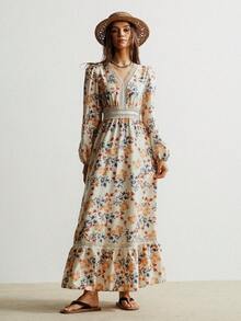 Rusttydustty 波西米亚风女式印花撞色蕾丝V领长袖优雅连衣裙，适合音乐节、斋月及其他场合，春假期间穿着。 - 杏色 - 查看 4