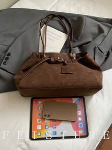 1 件大容量肩带装饰手提包，新款绒面革通勤单肩包，磁扣，适合日常外出、约会、通勤 - 咖啡 - 查看 9