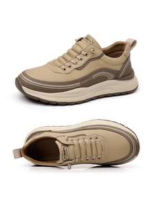 Tenis casuales para hombre de color sólido, con suela gruesa y estilo fashion,Punta Redonda De Malla Transpirable De Encaje Hasta Zapatillas De Deporte Para Hombres Con Diseño De Monograma De La Calle De Moda Senderismo Zapatos Casuales Para Hombres,Zapatillas De Tenis Vintage,Suela gruesa y cómoda,antideslizante y resistente al desgaste,diseño versátil,adecuado para desplazamientos,trabajo,deportes,actividades al aire libre y otras escenas - Caqui - Ver 5