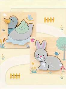 1 Pc Natural Wood Animal Puzzle Toy Set Cow Duck Lamb Rabbit Shape Educational Learning Game For Children Kids Classroom Bedroom Play Birthday Gift