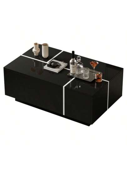 Moderne Zwart Square Coffee Table, Sofa Tafel In Patchwork High Gloss Finish, 100 60 40 Cm Living Room Four Drawers, Sliding Top, Load Capacity Up To 30 Kg view 8