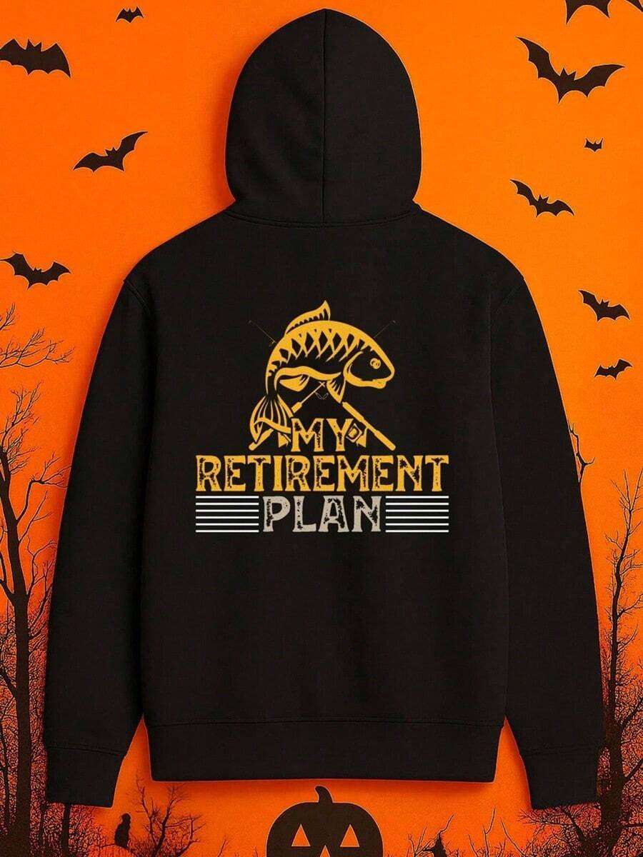 Men's Fishing Graphic Hooded Sweatshirt - Funny Retirement Plan Design With Fish & MYA Retirement Text, Breathable Polyester Hoodie, Lightweight Warm Pullover For Outdoor Sports, Casual Winter Wea,Fall Hoodies,Men's Fall Clothes,Street Wear,Halloween,Mens Hoodies,Y2k Clothes,Jesus Hoodie,Thanksgiving Day,Nightmare Before Christmas,Christmas - 黑色 - 查看 1
