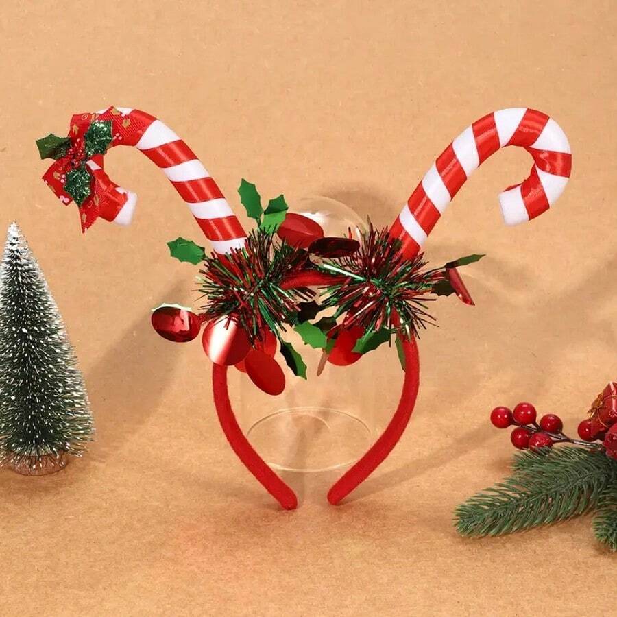1 pieza Diadema de plástico ABS con rayas de colores arcoíris para fiesta de Navidad, accesorio para el cabello de decoración navideña con diseño de bastón de caramelo, diadema, aro para el cabello, accesorio para el cabello para mujer, accesorios de belleza para el hogar, verano, vacaciones, viajes, festivales, cumpleaños - Rojo - Ver 1