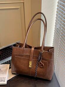 Fashionable New Women's City Commuter Tote Bag, One Shoulder Underarm Bag With Metal Twist Lock Decoration, Comes With Personalized Pendant, Elegant And High-Quality, Suitable For Commuting, Shopping, Work And Other Occasions