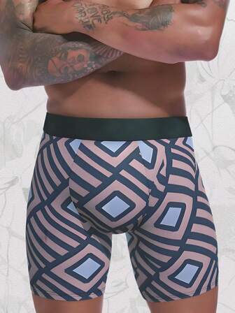 1 Piece Men's Boxer Briefs, Men's Long-Leg Boxer Briefs With A Geometric Pattern In Brown, Dark Blue And Light Blue, Briefs For Boyfriend Husband, Holiday Anniversary Gifts For Him, Gifts For Boyfriend