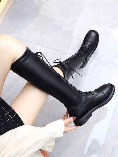 2025 Autumn/Winter New Black Thigh High Boots For Women, Flat, Over-The-Knee, Lace-Up, Plus Size 43, Tall Knight/ Boots, Elastic