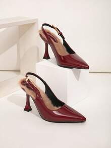 Wide Fit Burgundy Shiny Metallic Buckle Decor Faux Fur Lined Stiletto Hollow Out Pumps, Suitable For Daily Wear, Banquet, Party, Fashion Plus Size Women High Heels. Faux Fur Length And Quantity Placement Are Random - Burgundy - View 14