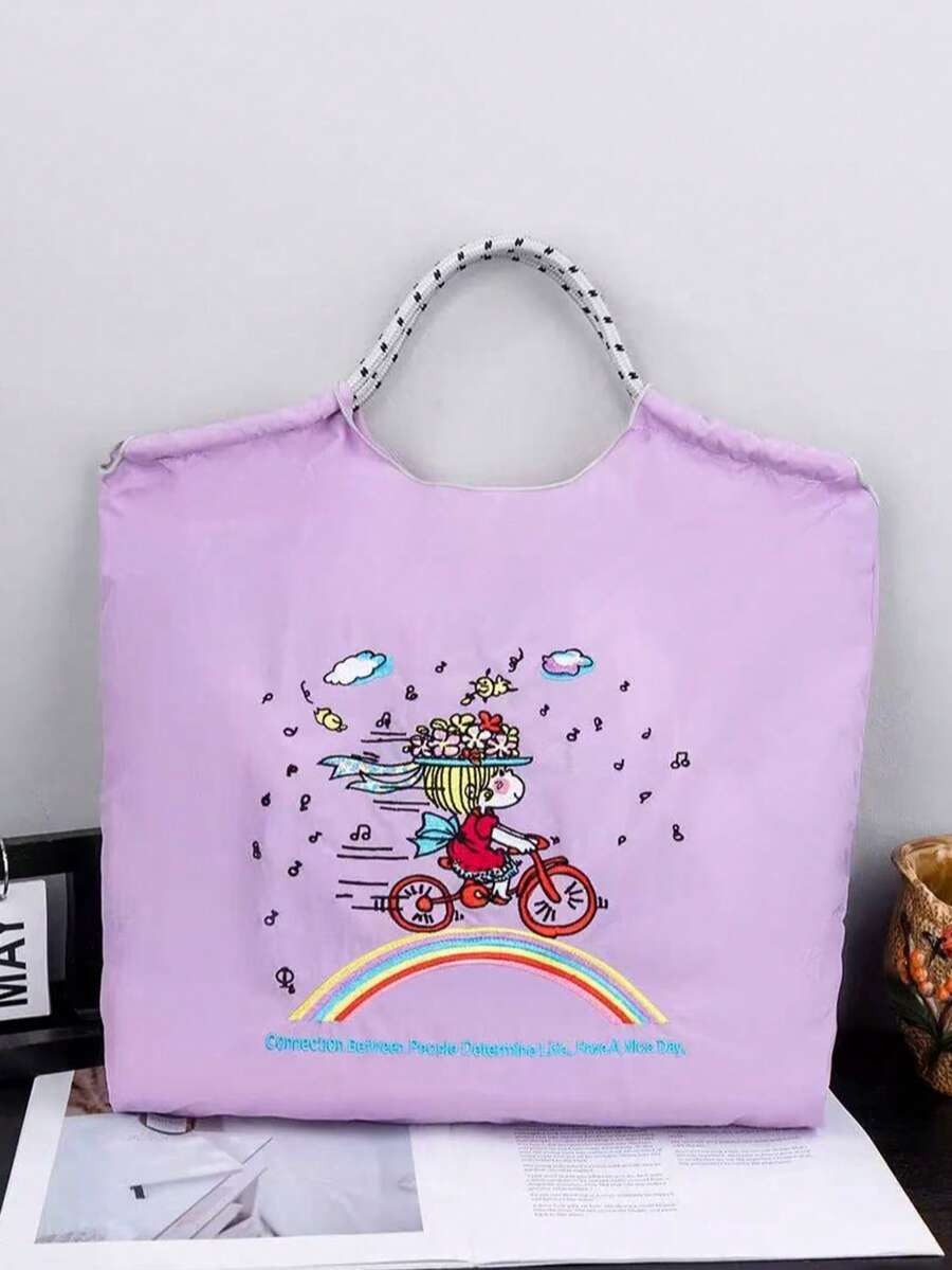 1件時尚刺繡單車女孩托特包，卡通圖案，輕量尼龍，大容量，可折疊抽繩開口購物袋 - 彩色 - 查看 1