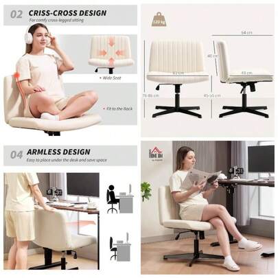 Armless Office Chair No Wheels, Linen Fabric Criss Legged Desk Chair With Wide, Thick Padding, Tilt Function, Height Adjustable Swivel Computer Home,