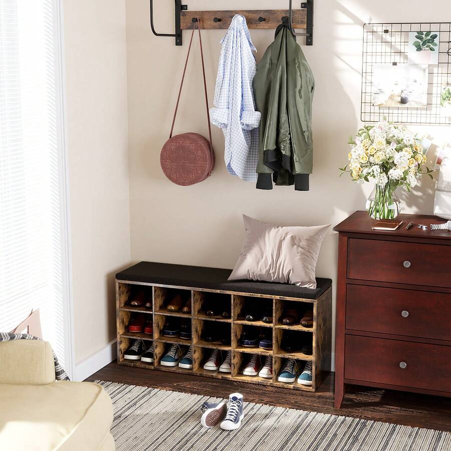 VASAGLE Shoe Bench With Cushion, Storage Bench With Padded Seat, Entryway Bench With 15 Compartments, For Bedroom, 11.8 X 41.3 X 18.9 Inches - 棕色 - 查看 1