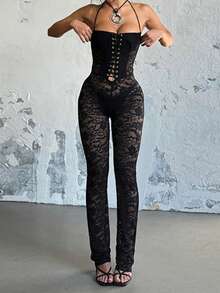 Sexy Sheer Lace Criss-Cross Halter Neck Skinny Jumpsuit Black - 黑色 - 查看 3