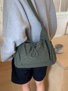 格子女士单肩包，休闲百搭可折叠拉链封口可调节肩带手提包，适合日常使用，学校/大学生，简单可爱的褶皱多口袋抽绳前袋布包 - 彩色 - 查看 7