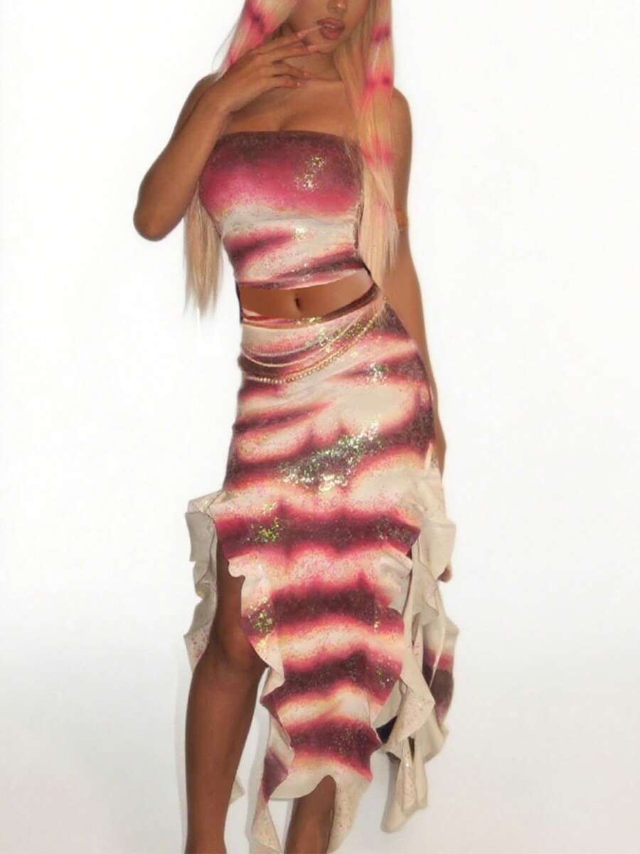 Women Halloween Shark Tale Lola Costume Skirt Set Y2k Side Split Ruffle Maxi Skirt Set Strapless Fish Cosplay Outfit - Multicolor - View 1