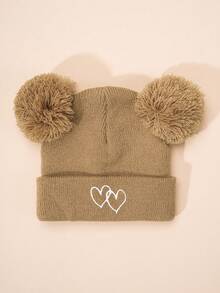 3pcs/1pc Embroidered Double Pom Pom Heart Knit Beanie, Ski Warm Baby Boys Girls Unisex Hats, Y2K Style Outdoor Cold-Proof Knit Cap, Casual Versatile Winter Warm Beanies, Suitable For Costume Kids