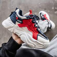 Zapatos deportivos casuales para hombres, zapatillas de moda con estilo de discoteca personalizado y suela gruesa, zapatos deportivos casuales, zapatos deportivos de moda versátiles, zapatos deportivos y de running con parches de bloque rojo, zapatillas de deporte de parche con cordones para otoño/invierno - Rojo - Ver 4