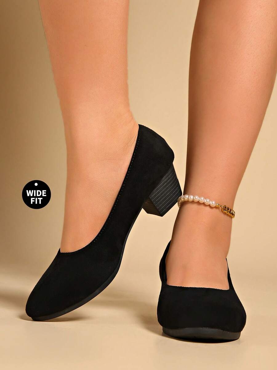 Plus Size Women's Classic Solid Black High Heels - Round Toe Design - Size 36-43 - Premium Velvet Material, Smooth And Comfortable - Black High Heels, Solid Color Low Vamp Soft Bottom Wedge Thick Heel -On Shoes - Quality Material Comfortable To Wear - Thick Mid-Heel Non- Round Toe -On Shoes - Fashionable And Versatile