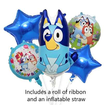 1pc/5pcs Bluey Big Balloons, Blue Cartoon Inflatable Balloons For Puppies, Orange Birthday Decoration Balloons For Puppies, Bingo Balloon Party Decora