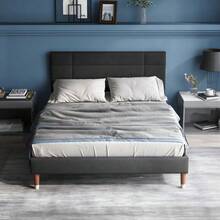Upholstered Bed, Double Bed With Slatted Frame, 140x200cm Upholstered Bed Frame With Headboard, In Dark Grey Linen, For Adults And Teenagers (Mattress Not Included) - Gray + Solid Wood + 140cm*200cm - View 9