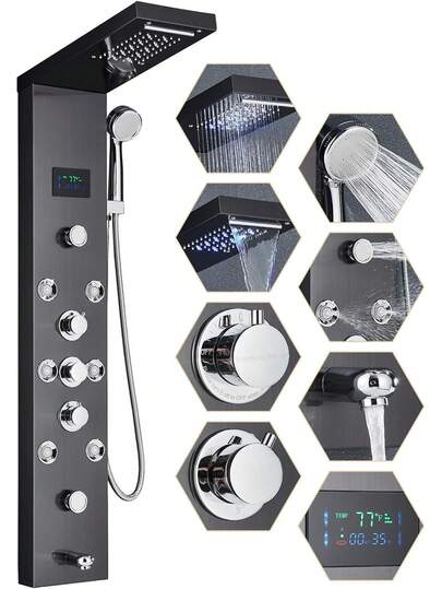 Colonna doccia, sistema doccia con 5 funzioni, doccia a soffitto, doccia a cascata, doccetta, colonna doccia con LED (ORB)