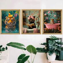1pc Unframed Colorful Tiger Cheetah Black Cat In Bathtub Wall Art Canvas Painting Abstract Pink Animals Prints Posters Living Room Home Decor