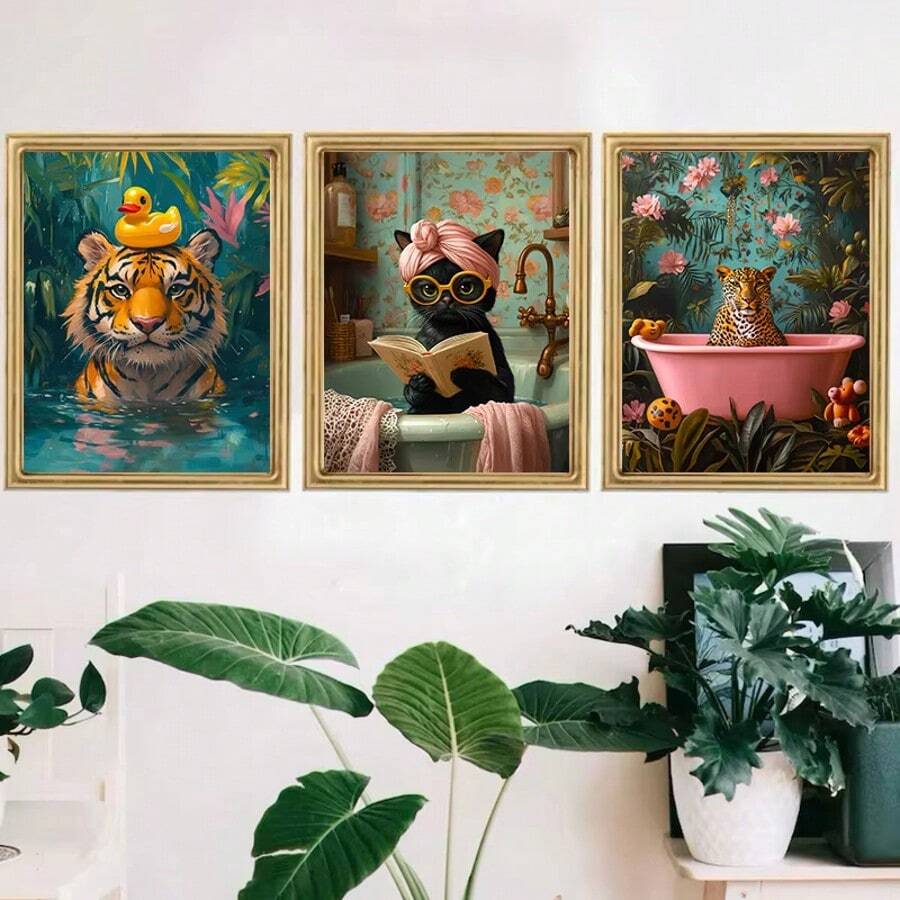 1pc Unframed Colorful Tiger Cheetah Black Cat In Bathtub Wall Art Canvas Painting Abstract Pink Animals Prints Posters Living Room Home Decor