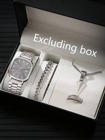 4pcs Fashionable Business & Casual Steel Band Watches, Retro Silver Square Dial Calendar Quartz Wristwatches For Men