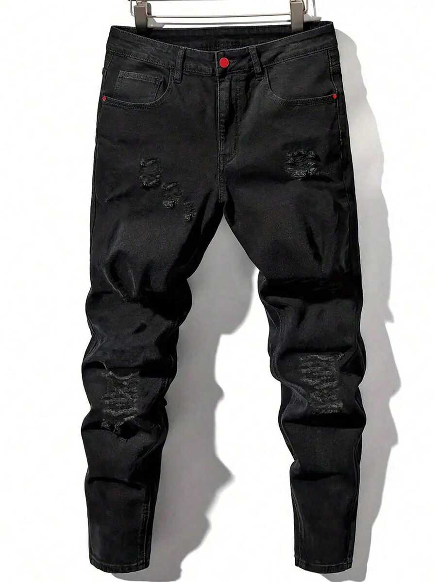 Men's Fashionable Elastic Solid Color Distressed Pleated Pocket Casual Versatile Jeans - Black - View 1