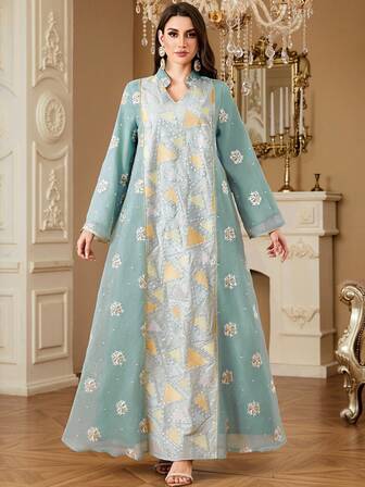 SISKAKIA 1pc Geometric Pattern Woven Fabric Embroidered Dress, Elegant For Holidays, Weddings, Vacations, Birthdays, Parties, Formal Occasions, All Seasons