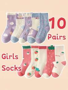 10 双女童草莓花卉图案针织透气中筒袜，四季休闲穿搭