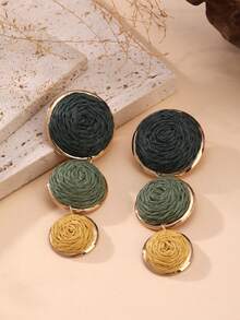 1 Pair Handmade Paper Yarn Woven Gradient Green Geometric Earrings, Stylish And High-End, Suitable For Vacation, Party And Daily Wear - Army Green - View 3